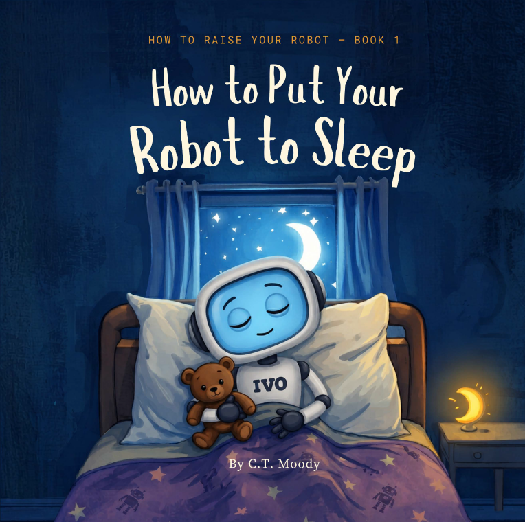 How to Put Your Robot to Sleep book cover. Ivo the robot in bed with a teddy bear under a starry night sky.