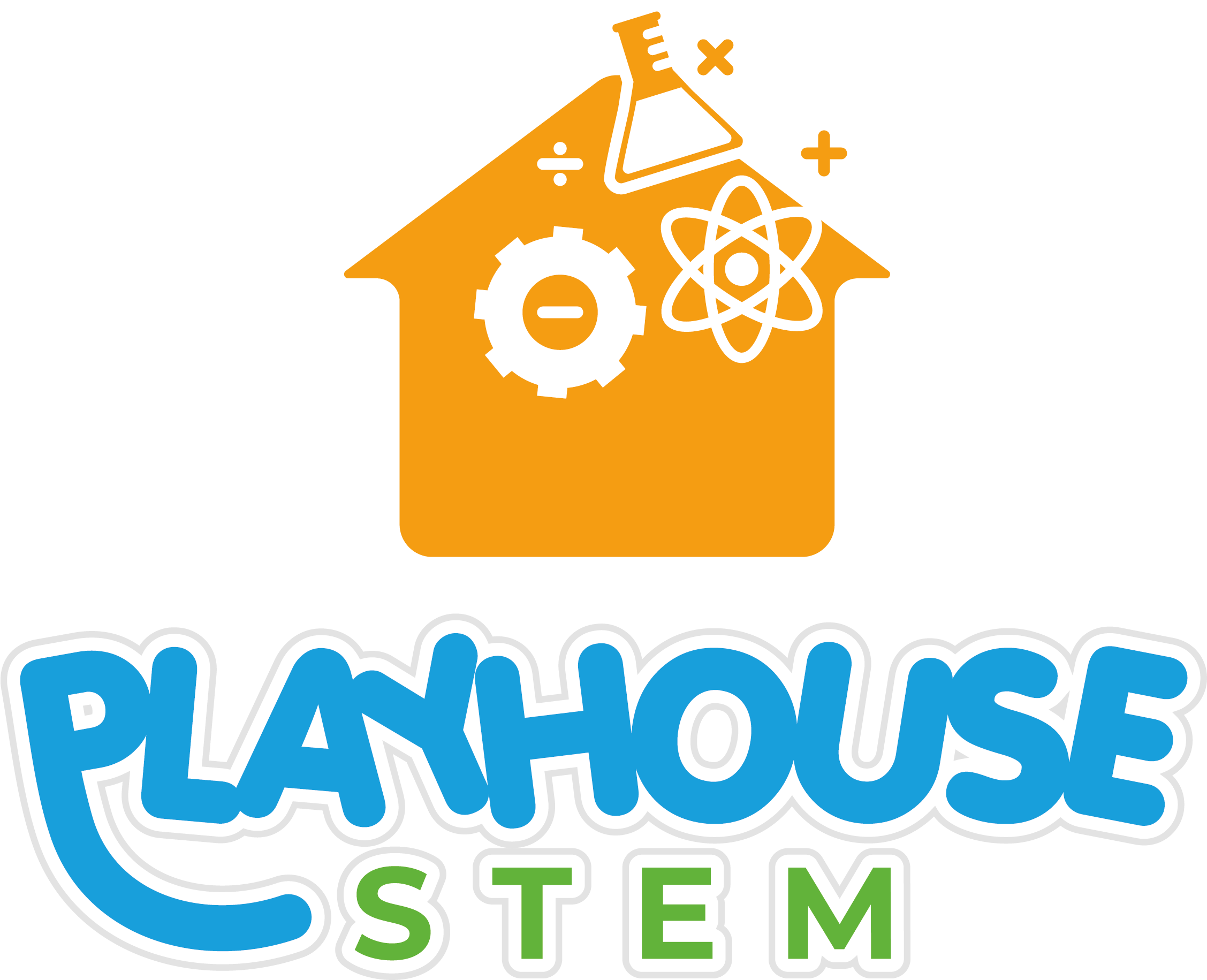 Playhouse STEM logo. An orange house with science symbols and the words Playhouse STEM in blue.